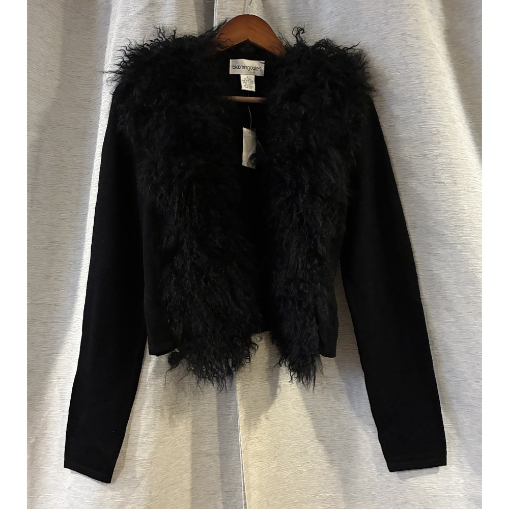 Bloomingdale's Wool Fur Trim Cardigan Sweater Black Large NWT FM4570